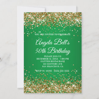 Gold Glitter Monogram Green Ombre 50th Birthday Invitation