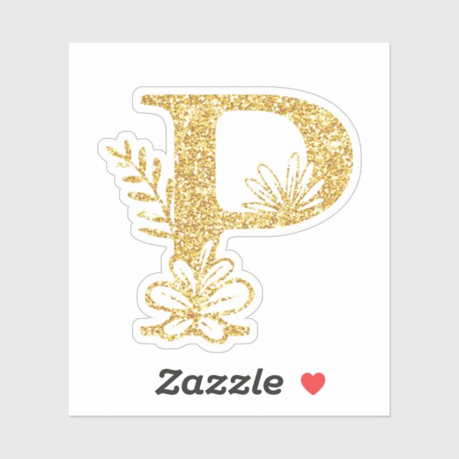 Gold Glitter Monogram Initial P Floral Sticker (Sheet)