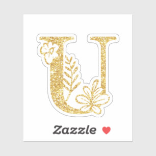 Gold Glitter Monogram Initial U Floral