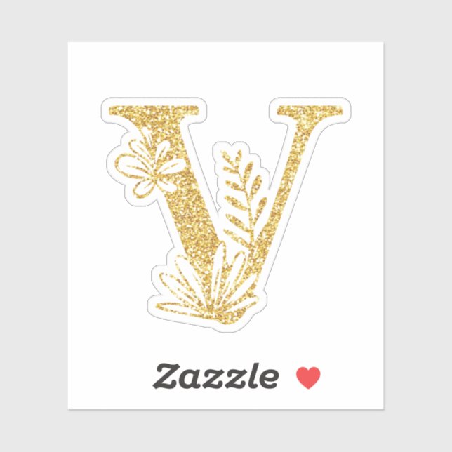 Gold Glitter Monogram Initial V Floral (Sheet)