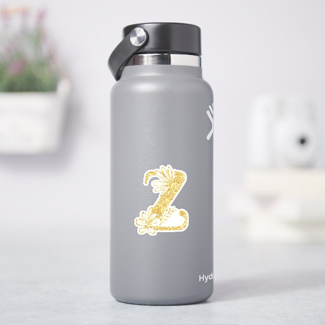 Gold Glitter Monogram Initial Z Floral Sticker (HydroFlask)