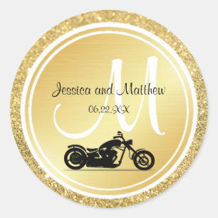 Gold Glitter Monogram Motorcycle Wedding Stickers