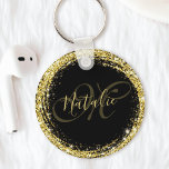 Gold Glitter Monogram Name Black Glamourous Key Ring<br><div class="desc">Easily personalise this luxury glam gold glitter framed keychain with your custom name and monogram.</div>