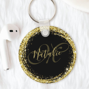 Gold Glitter Monogram Name Black Glamourous Key Ring