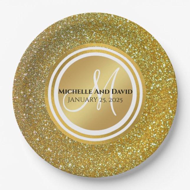 Gold Glitter Monogram newlywed wedding  Paper Plate (Front)