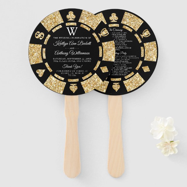 Gold Glitter Monogram Poker Chip Casino Wedding Hand Fan (Front and Back)