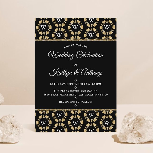 Gold Glitter Monogram Poker Chip Casino Wedding Invitation (Creator Uploaded)