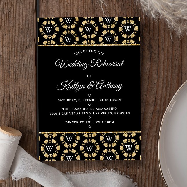 Gold Glitter Monogram Poker Chip Casino Wedding Invitation (Creator Uploaded)