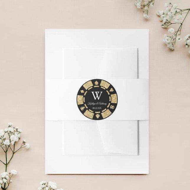 Gold Glitter Monogram Poker Chip Casino Wedding Invitation Belly Band (Creator Uploaded)