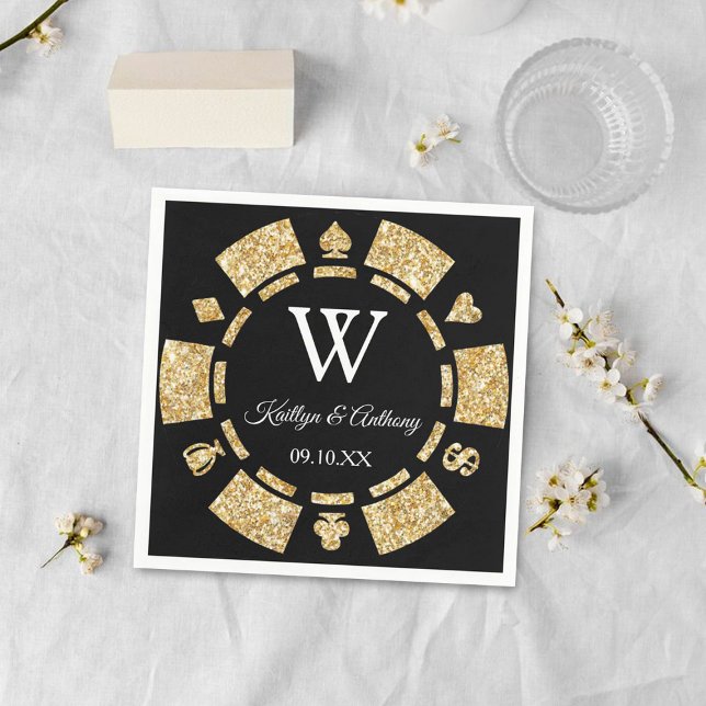 Gold Glitter Monogram Poker Chip Casino Wedding Napkin (Creator Uploaded)
