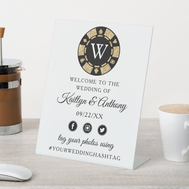 Gold Glitter Monogram Poker Chip Casino Wedding Pedestal Sign (In SItu)