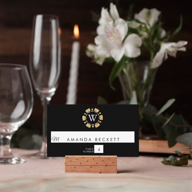 Gold Glitter Monogram Poker Chip Casino Wedding Place Card (Creator Uploaded)