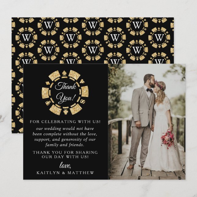 Gold Glitter Monogram Poker Chip Casino Wedding Thank You Card (Front/Back)