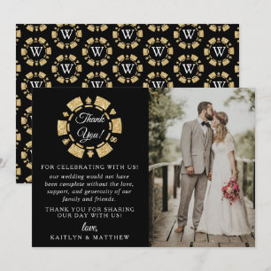 Gold Glitter Monogram Poker Chip Casino Wedding Thank You Card