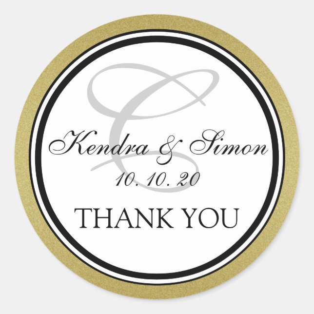 Gold Glitter Monogram Wedding Thank You Sticker (Front)