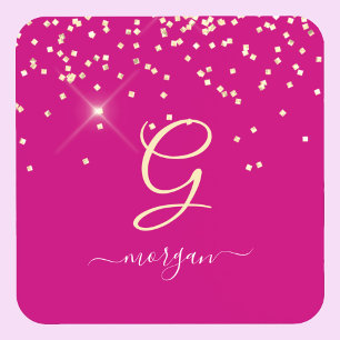 Gold Glitter & Monogram White Script Name, Fuchsia Coaster