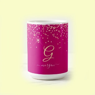 Gold Glitter & Monogram White Script Name, Fuchsia Coffee Mug