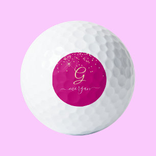 Gold Glitter & Monogram White Script Name, Fuchsia Golf Balls