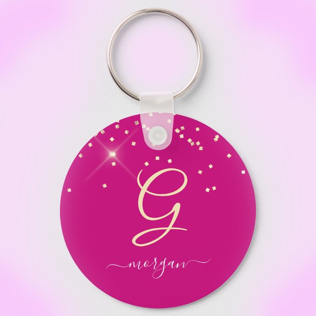 Gold Glitter & Monogram White Script Name, Fuchsia Key Ring (Creator Uploaded)