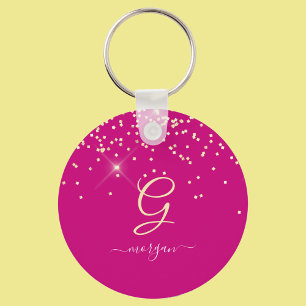 Gold Glitter & Monogram White Script Name, Fuchsia Key Ring