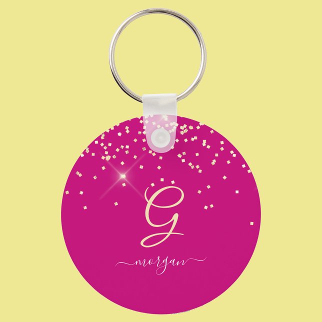 Gold Glitter & Monogram White Script Name, Fuchsia Key Ring (Creator Uploaded)