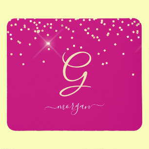 Gold Glitter & Monogram White Script Name, Fuchsia Mouse Mat
