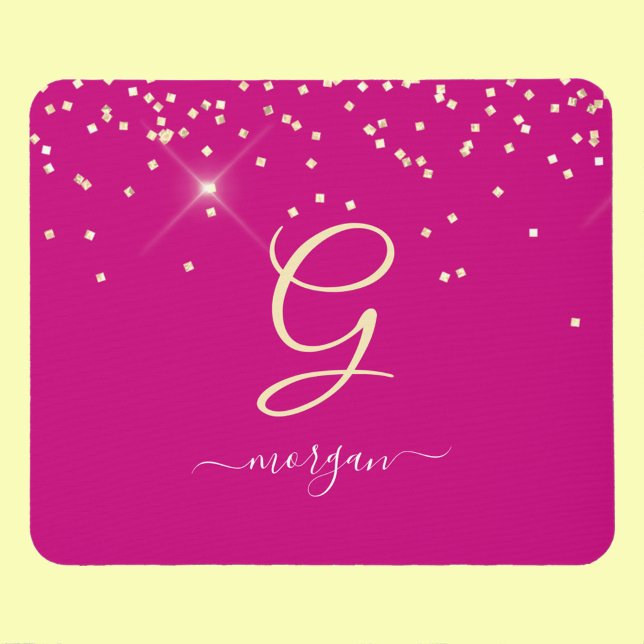 Gold Glitter & Monogram White Script Name, Fuchsia Mouse Mat (Creator Uploaded)