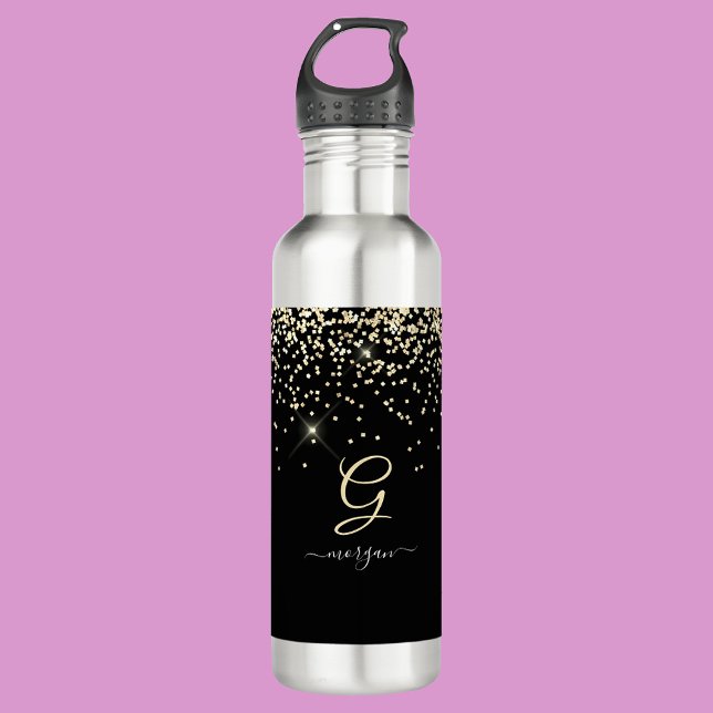 Gold Glitter & Monogram White Script Name on Black 710 Ml Water Bottle (Creator Uploaded)