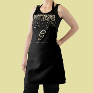 Gold Glitter & Monogram White Script Name on Black Apron