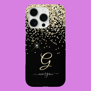 Gold Glitter & Monogram White Script Name on Black iPhone 16 Pro Case