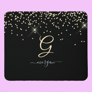 Gold Glitter & Monogram White Script Name on Black Mouse Mat