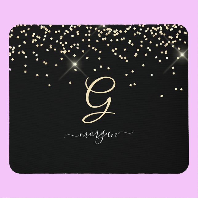 Gold Glitter & Monogram White Script Name on Black Mouse Mat (Creator Uploaded)