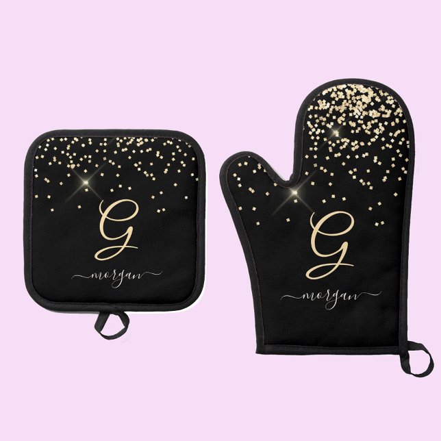 Gold Glitter & Monogram White Script Name on Black Oven Mitt & Pot Holder Set (Creator Uploaded)