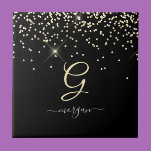 Gold Glitter & Monogram White Script Name on Black Tile