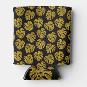 Gold Glitter Monstera Black Background Can Cooler
