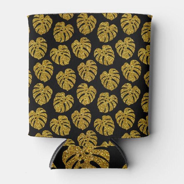 Gold Glitter Monstera Black Background Can Cooler (Front)