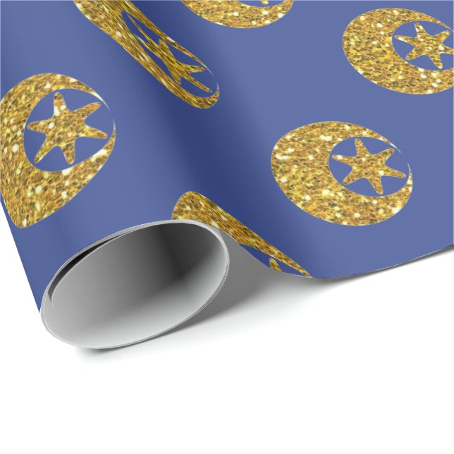 Gold Glitter Moon and Stars Pattern on Blue  Wrapping Paper (Roll Corner)