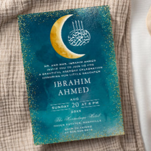 Gold Glitter Moon Blue Green Space Islamic Aqiqa Invitation