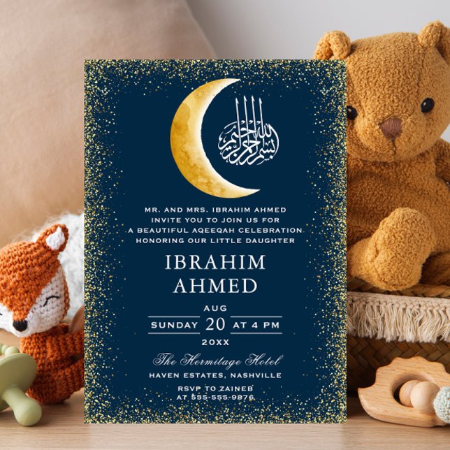 Gold Glitter Moon Blue Space Islamic Aqiqa Aqeeqa Invitation (Creator Uploaded)