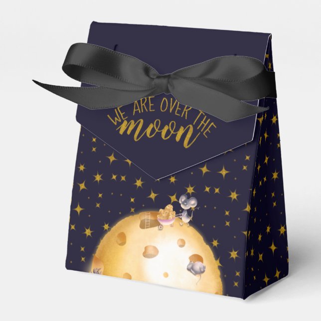 Gold glitter, moon made of cheese, baby shower favour box (Front Side)