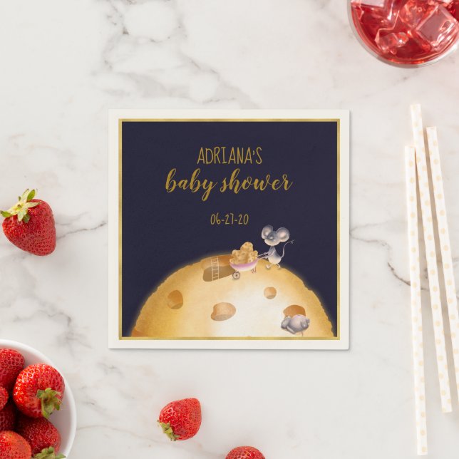 Gold glitter, moon made of cheese, baby shower napkin (Insitu)