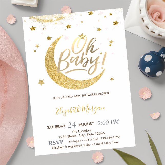 Gold Glitter Moon Stars Baby Shower Invitation (Creator Uploaded)