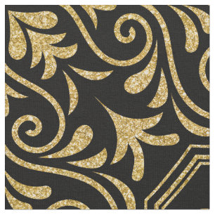 Gold Glitter Moroccan Floral Pattern On Black Fabric
