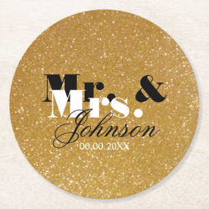 Gold glitter Mr and Mrs coasters for wedding party