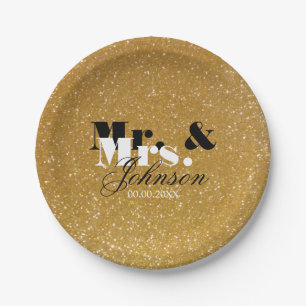 Gold glitter Mr and Mrs wedding paper plates