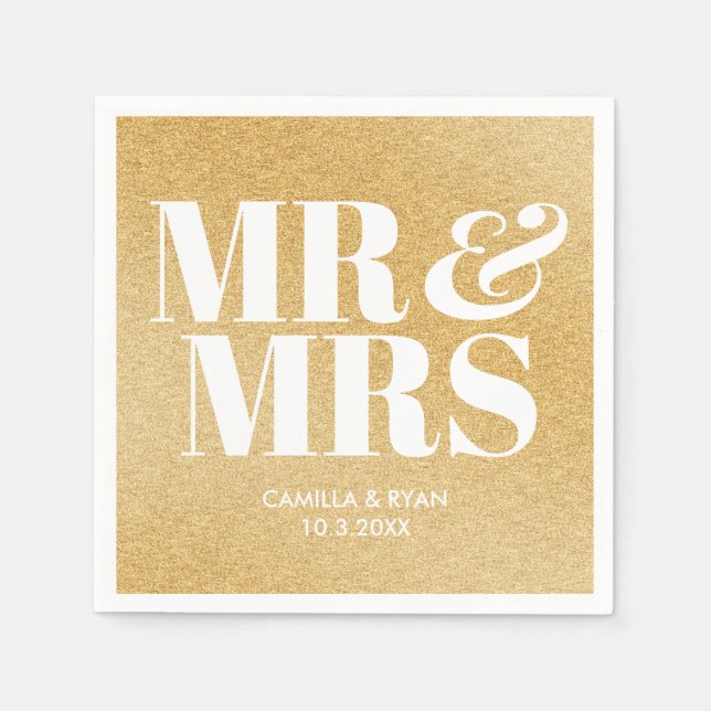 Gold Glitter Mr & Mrs Personalised Wedding Napkins (Front)