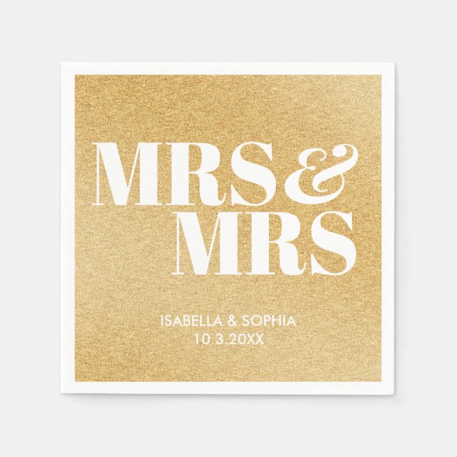 Gold Glitter Mrs & Mrs Bride Personalised Wedding Napkin (Front)