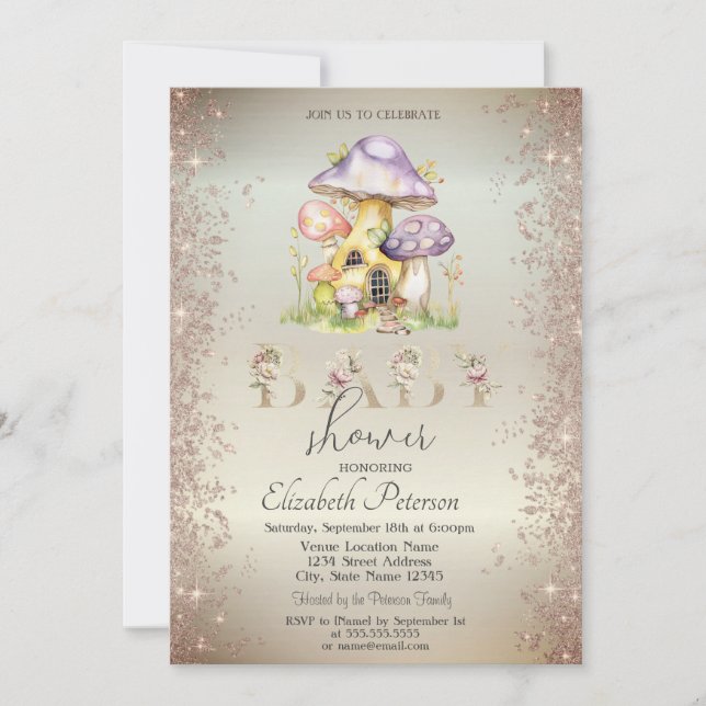 Gold Glitter Mushrooms Houses Baby Shower Invitation (Front)