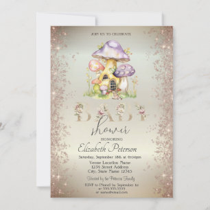 Gold Glitter Mushrooms Houses Baby Shower Invitation