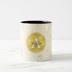 Gold Glitter Music Notes Abstract Monogram Two-Tone Coffee Mug